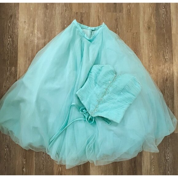 Alfred Angelo Sz 10 Aqua Blue Tulle Two Piece Formal Gown Skirt Corset Strapless - Picture 14 of 16